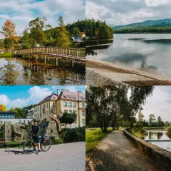 Odkryj atrakcje Wisła: malowniczy park z mostkiem, jezioro, rodzinna wycieczka rowerowa i urokliwy deptak nad rzeką.