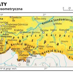 Mapa hipsometryczna Karpat w Polsce z zaznaczonymi pasmami górskimi, miastami i rzekami. Widoczne Tatry, Beskidy, Bieszczady.