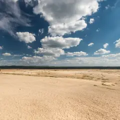 Pustynia Błędowska pod błękitnym niebem z chmurami. Piasek i zieleń drzew tworzą krajobraz.
