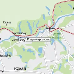Mapa Puszczy Noteckiej z zaznaczoną trasą przez Radogoszcz, Sieraków i Chojno-Wieś. Widać rzekę Wartę i Sierakowski Park Krajobrazowy.
