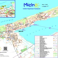 Mielno atrakcje: mapa z zaznaczonymi punktami turystycznymi, plażą, promenadą i okolicą.