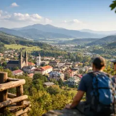 Ustrzyki Dolne co warto zobaczyć: malowniczy widok na miasto z wieżami kościołów i góry w tle. Turyści podziwiają panoramę.