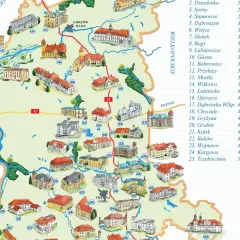 Mapa z zaznaczonymi zabytkami i atrakcjami turystycznymi. Wiele pięknych zamków lubuskich czeka na odkrycie.
