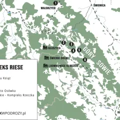 Mapa atrakcji Kompleksu Riese w Górach Sowich: Podziemia Książa, Pałac Jedlinka, Włodarz, Osówka, Sztolnie Walimskie, Muzeum Molke.
