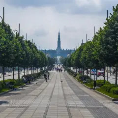 Aleja z drzewami i ławkami prowadzi do Jasnej Góry. Ludzie spacerują, a samochody jeżdżą. To widok na miasto Częstochowa.