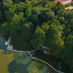 Drewniana kładka wije się wśród drzew, prowadząc do jeziora z żaglówką i paddleboardem. Idealne, fajne miejsca nad jeziorem na relaks.