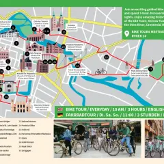 Mapa Wrocławia z zaznaczoną trasą rowerową. Idealna podpowiedź, co robić we Wrocławiu, by odkryć 30 atrakcji w 3 godziny.