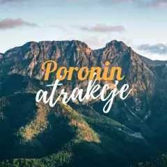 Majestatyczne góry Tatr, porośnięte lasami, z napisem "Poronin atrakcje". Idealne miejsce na wypoczynek i odkrywanie piękna przyrody.