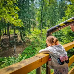 Rodzina obserwuje żubry w lesie, odkrywając atrakcje Podkarpacia. Dziecko z kokardką na plecach i mężczyzna pochylają się nad barierką.