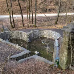 Kamienny krzyż i sercowate źródełko w dolinie Eliasówki, otoczone jesiennym lasem.