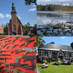 Kaszuby atrakcje: kościół, jezioro, kolekcja broni i festyn.