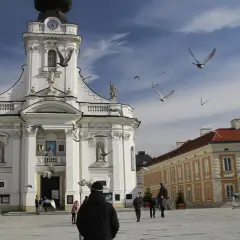 Wadowice atrakcje: plac z Bazyliką Ofiarowania NMP, nad którym krążą gołębie.
