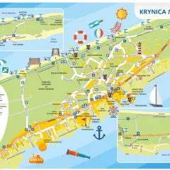 Mapa Krynicy Morskiej z zaznaczonymi atrakcjami: plaże, porty, parki, ścieżki rowerowe.