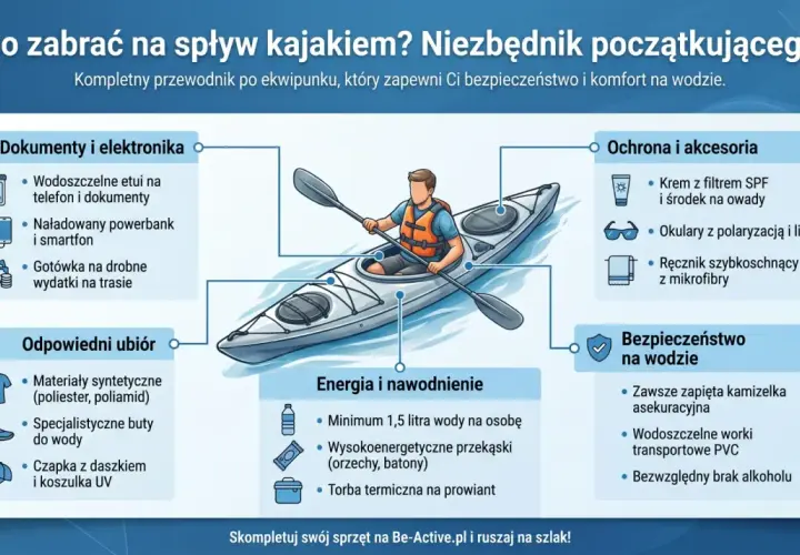 Co zabrać na kajaki? Niezbędnik początkującego: dokumenty, odpowiedni ubiór, ochrona, energia i bezpieczeństwo na wodzie.