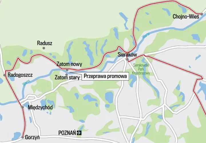 Mapa Puszczy Noteckiej z zaznaczoną trasą przez Radogoszcz, Sieraków i Chojno-Wieś. Widać rzekę Wartę i Sierakowski Park Krajobrazowy.