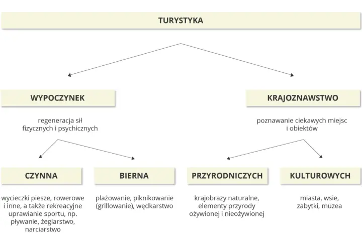 Schemat przedstawia rodzaje turystyki: wypoczynek (czynny i bierny) oraz krajoznawstwo (przyrodnicze i kulturowe). Odkryj walory turystyczne Polski!