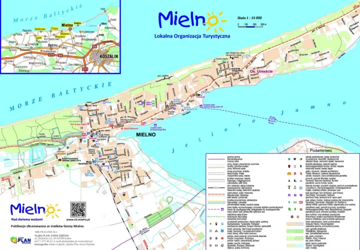 Mielno atrakcje: mapa z zaznaczonymi punktami turystycznymi, plażą, promenadą i okolicą.