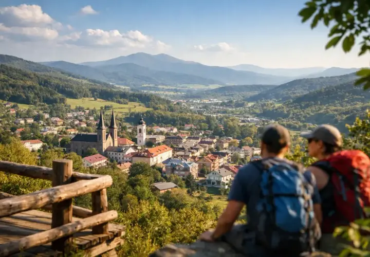 Ustrzyki Dolne co warto zobaczyć: malowniczy widok na miasto z wieżami kościołów i góry w tle. Turyści podziwiają panoramę.
