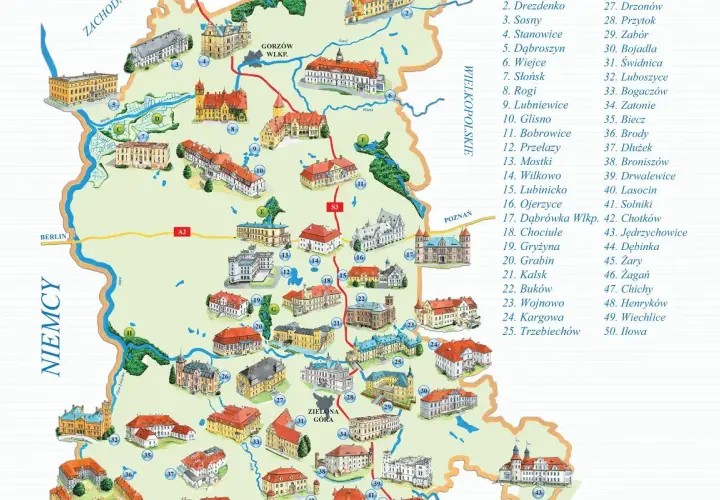 Mapa z zaznaczonymi zabytkami i atrakcjami turystycznymi. Wiele pięknych zamków lubuskich czeka na odkrycie.