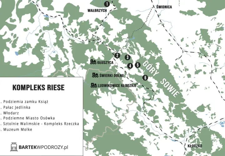 Mapa atrakcji Kompleksu Riese w Górach Sowich: Podziemia Książa, Pałac Jedlinka, Włodarz, Osówka, Sztolnie Walimskie, Muzeum Molke.