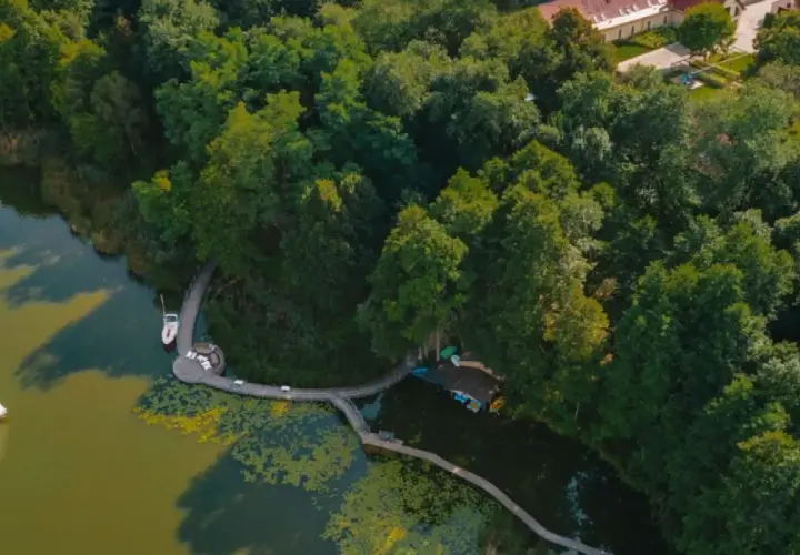 Drewniana kładka wije się wśród drzew, prowadząc do jeziora z żaglówką i paddleboardem. Idealne, fajne miejsca nad jeziorem na relaks.