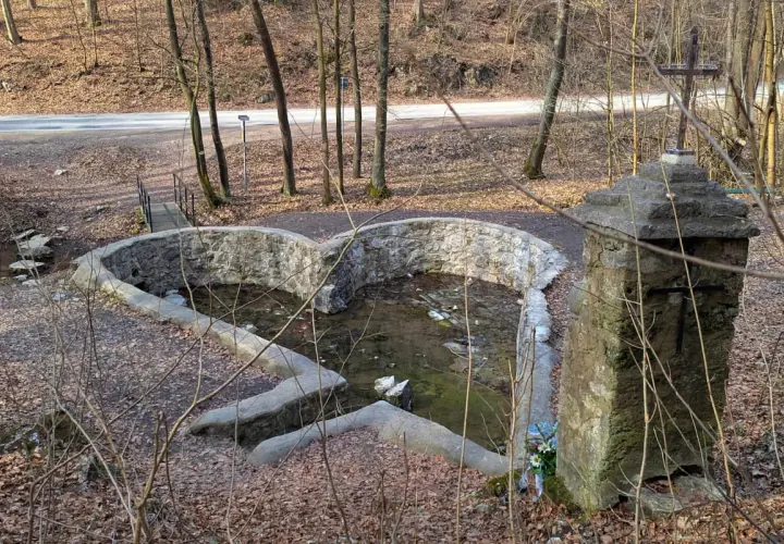 Kamienny krzyż i sercowate źródełko w dolinie Eliasówki, otoczone jesiennym lasem.