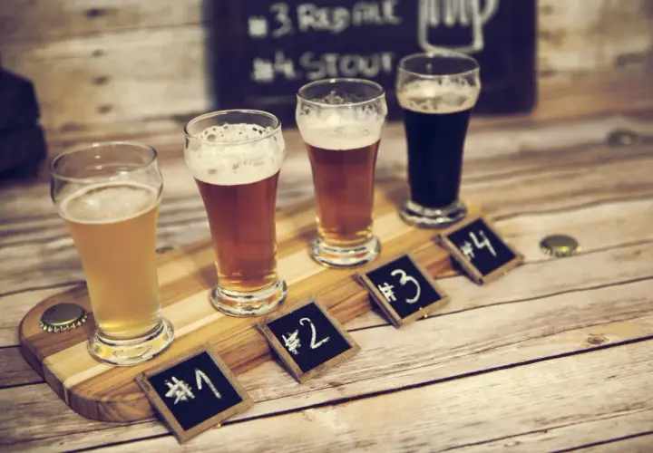Degustacja piwa w Poznaniu: cztery szklanki z różnymi piwami, oznaczone numerami od 1 do 4, na drewnianej desce.