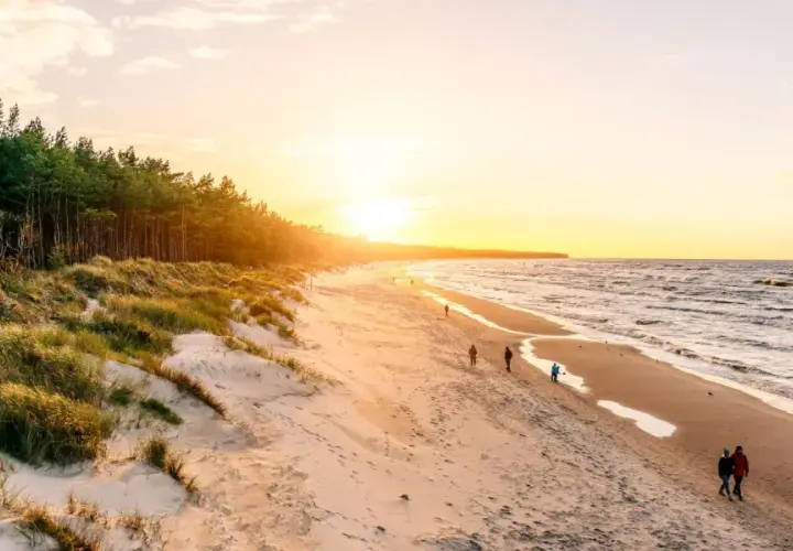Zachód słońca nad morzem, z piaszczystą plażą, wydmami porośniętymi trawą i lasem sosnowym. Spacerujący ludzie cieszą się pięknem przyrody.