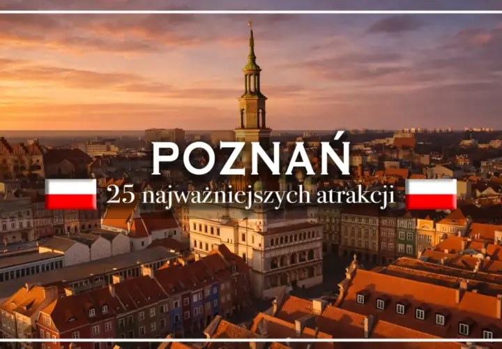 Zachód słońca nad Poznaniem, gdzie zobaczyć 25 najważniejszych atrakcji. Widok na Stary Rynek i wieżę ratuszową.
