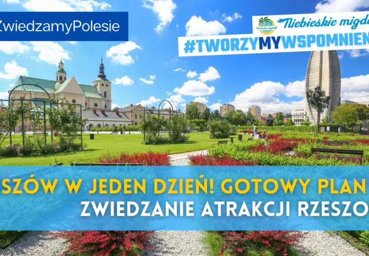 Rzeszów w jeden dzień! Gotowy plan na zwiedzanie atrakcji Rzeszowa. Park z pomnikiem i kościołem w tle.