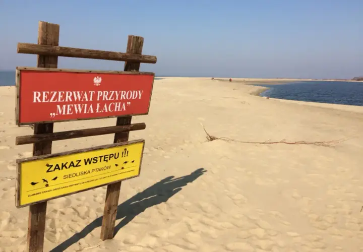 Wyspa Sobieszewska atrakcje: tablica informacyjna rezerwatu przyrody Mewia Łacha, zakaz wstępu dla ochrony ptaków.