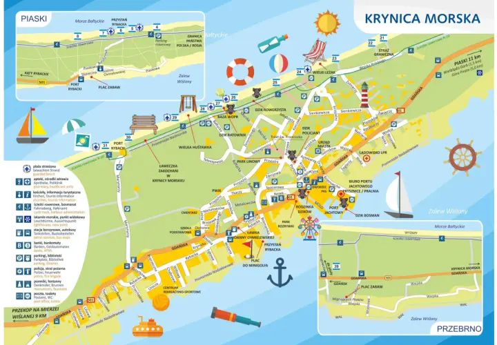 Mapa Krynicy Morskiej z zaznaczonymi atrakcjami: plaże, porty, parki, ścieżki rowerowe.