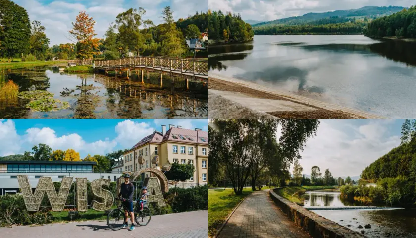 Odkryj atrakcje Wisła: malowniczy park z mostkiem, jezioro, rodzinna wycieczka rowerowa i urokliwy deptak nad rzeką.