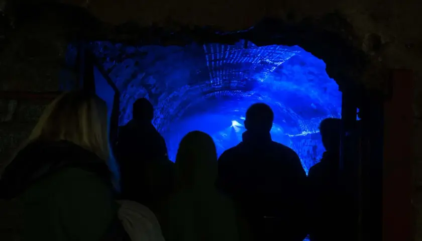 Grupa ludzi wchodzi do mrocznego tunelu oświetlonego intensywnym niebieskim światłem. To tajemnicze sztolnie Kowary, gdzie historia miesza się z magią.