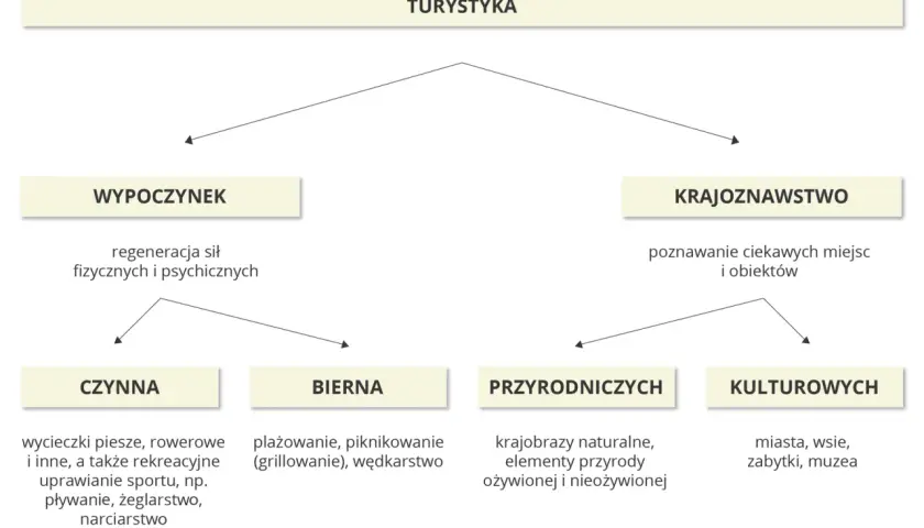 Schemat przedstawia rodzaje turystyki: wypoczynek (czynny i bierny) oraz krajoznawstwo (przyrodnicze i kulturowe). Odkryj walory turystyczne Polski!
