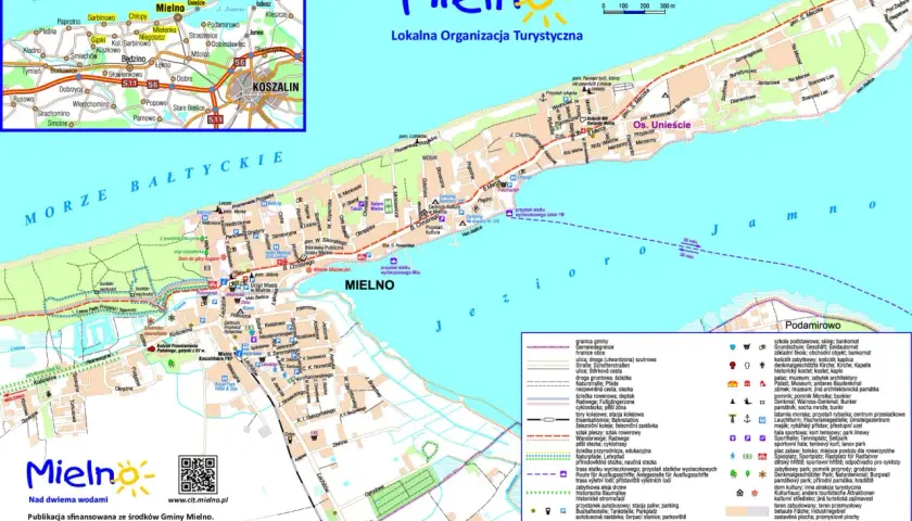 Mielno atrakcje: mapa z zaznaczonymi punktami turystycznymi, plażą, promenadą i okolicą.