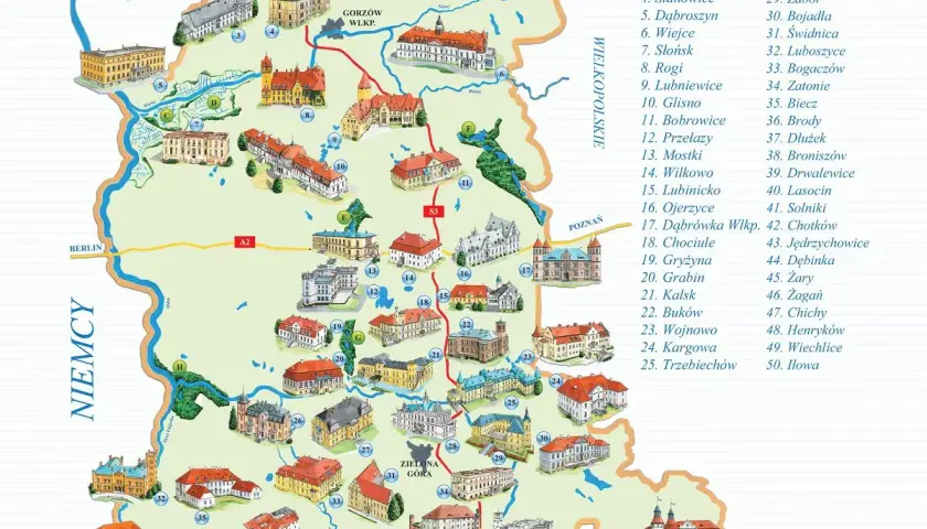 Mapa z zaznaczonymi zabytkami i atrakcjami turystycznymi. Wiele pięknych zamków lubuskich czeka na odkrycie.