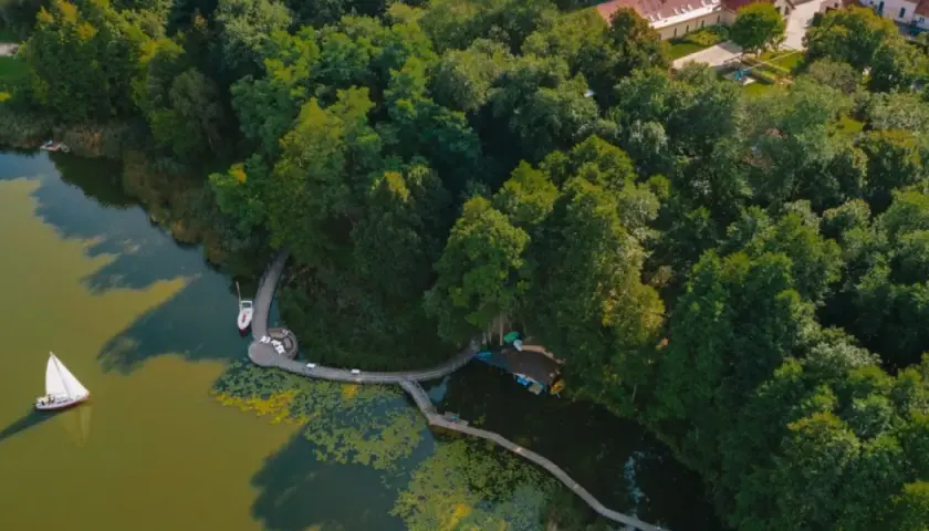 Drewniana kładka wije się wśród drzew, prowadząc do jeziora z żaglówką i paddleboardem. Idealne, fajne miejsca nad jeziorem na relaks.