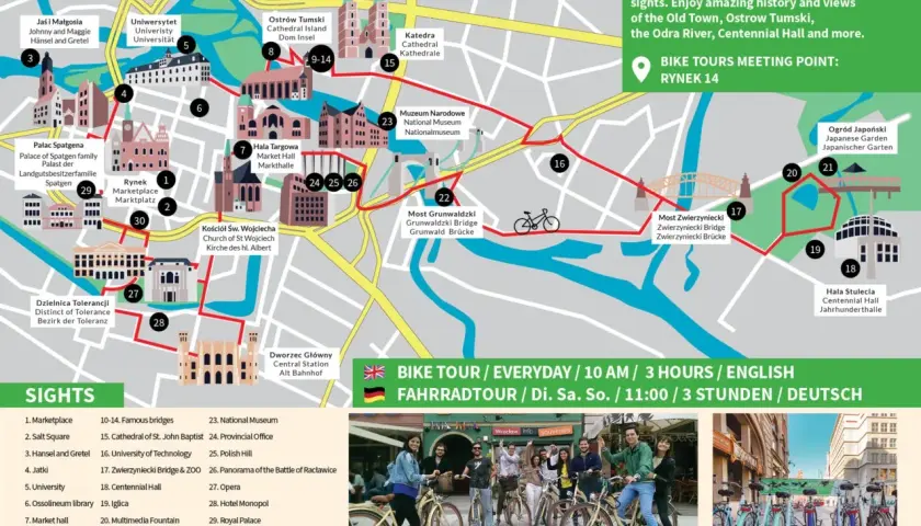 Mapa Wrocławia z zaznaczoną trasą rowerową. Idealna podpowiedź, co robić we Wrocławiu, by odkryć 30 atrakcji w 3 godziny.