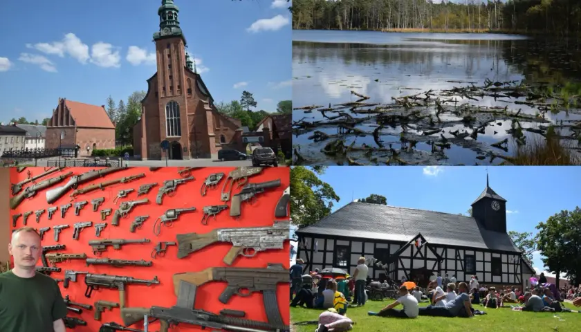 Kaszuby atrakcje: kościół, jezioro, kolekcja broni i festyn.