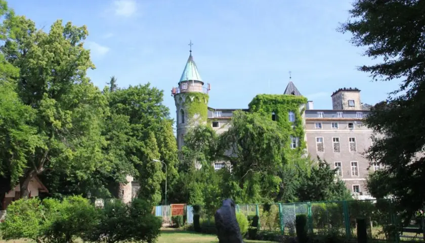 Zamek porośnięty bluszczem, z wieżą i zielonymi drzewami. Szczytna atrakcje turystyczne, które warto odkryć.