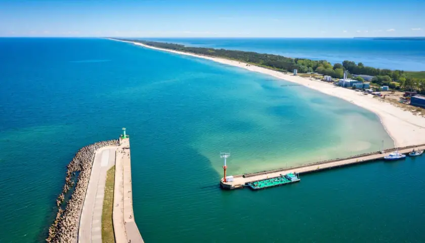 Władysławowo atrakcje: molo, latarnia morska i plaża. Widok z lotu ptaka na wybrzeże Bałtyku.