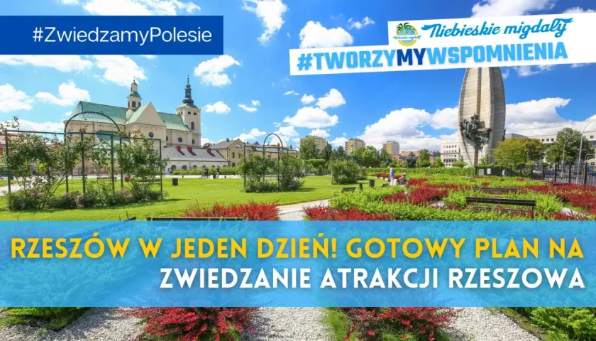 Rzeszów w jeden dzień! Gotowy plan na zwiedzanie atrakcji Rzeszowa. Park z pomnikiem i kościołem w tle.