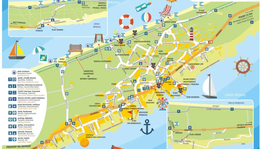 Mapa Krynicy Morskiej z zaznaczonymi atrakcjami: plaże, porty, parki, ścieżki rowerowe.