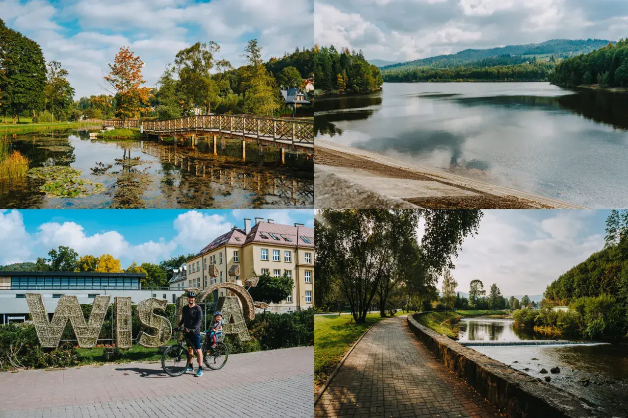 Odkryj atrakcje Wisła: malowniczy park z mostkiem, jezioro, rodzinna wycieczka rowerowa i urokliwy deptak nad rzeką.