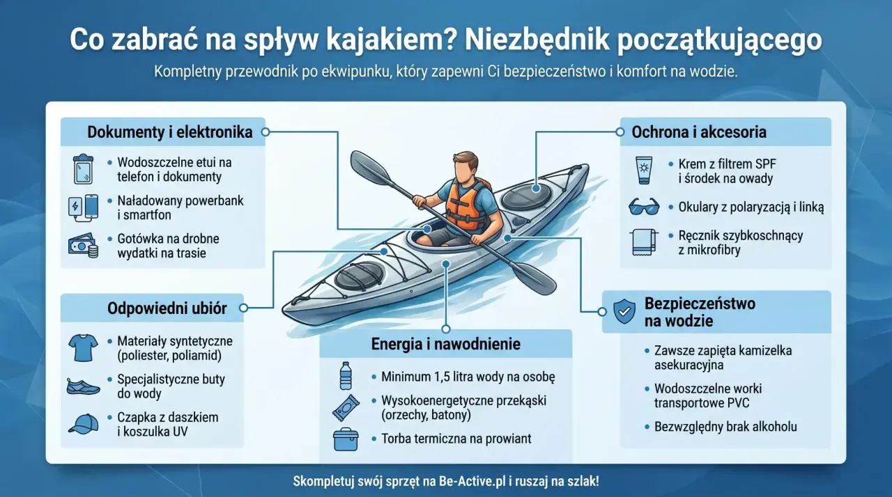 Co zabrać na kajaki? Niezbędnik początkującego: dokumenty, odpowiedni ubiór, ochrona, energia i bezpieczeństwo na wodzie.