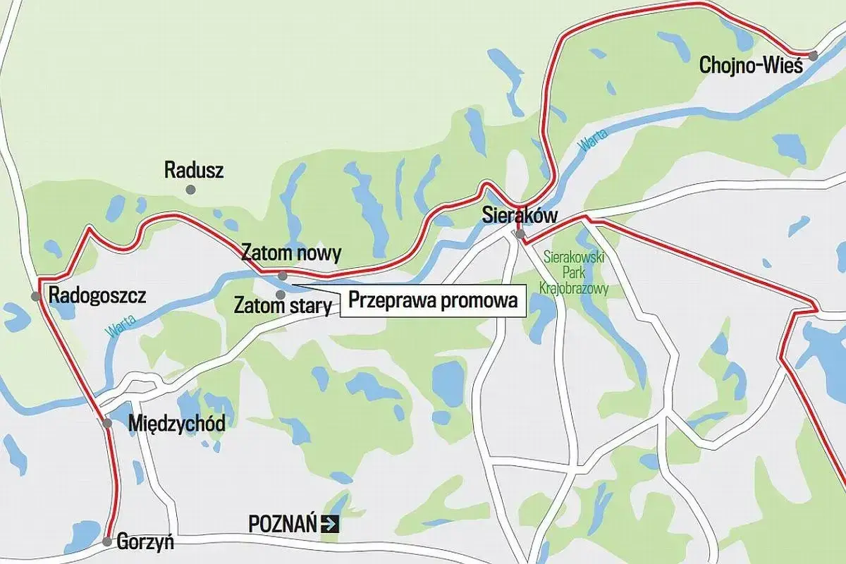 Mapa Puszczy Noteckiej z zaznaczoną trasą przez Radogoszcz, Sieraków i Chojno-Wieś. Widać rzekę Wartę i Sierakowski Park Krajobrazowy.