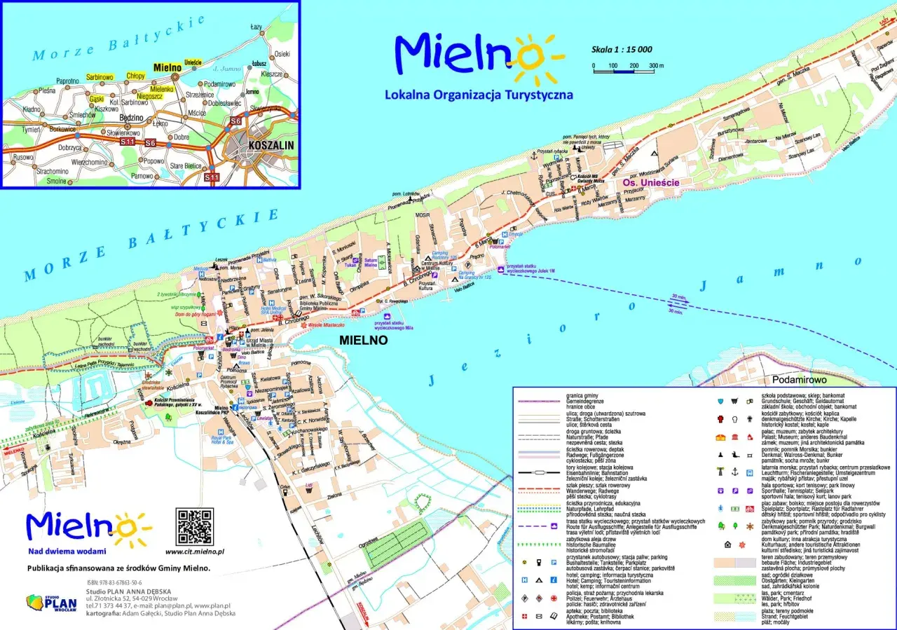 Mielno atrakcje: mapa z zaznaczonymi punktami turystycznymi, plażą, promenadą i okolicą.