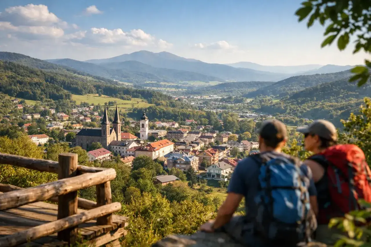 Ustrzyki Dolne co warto zobaczyć: malowniczy widok na miasto z wieżami kościołów i góry w tle. Turyści podziwiają panoramę.