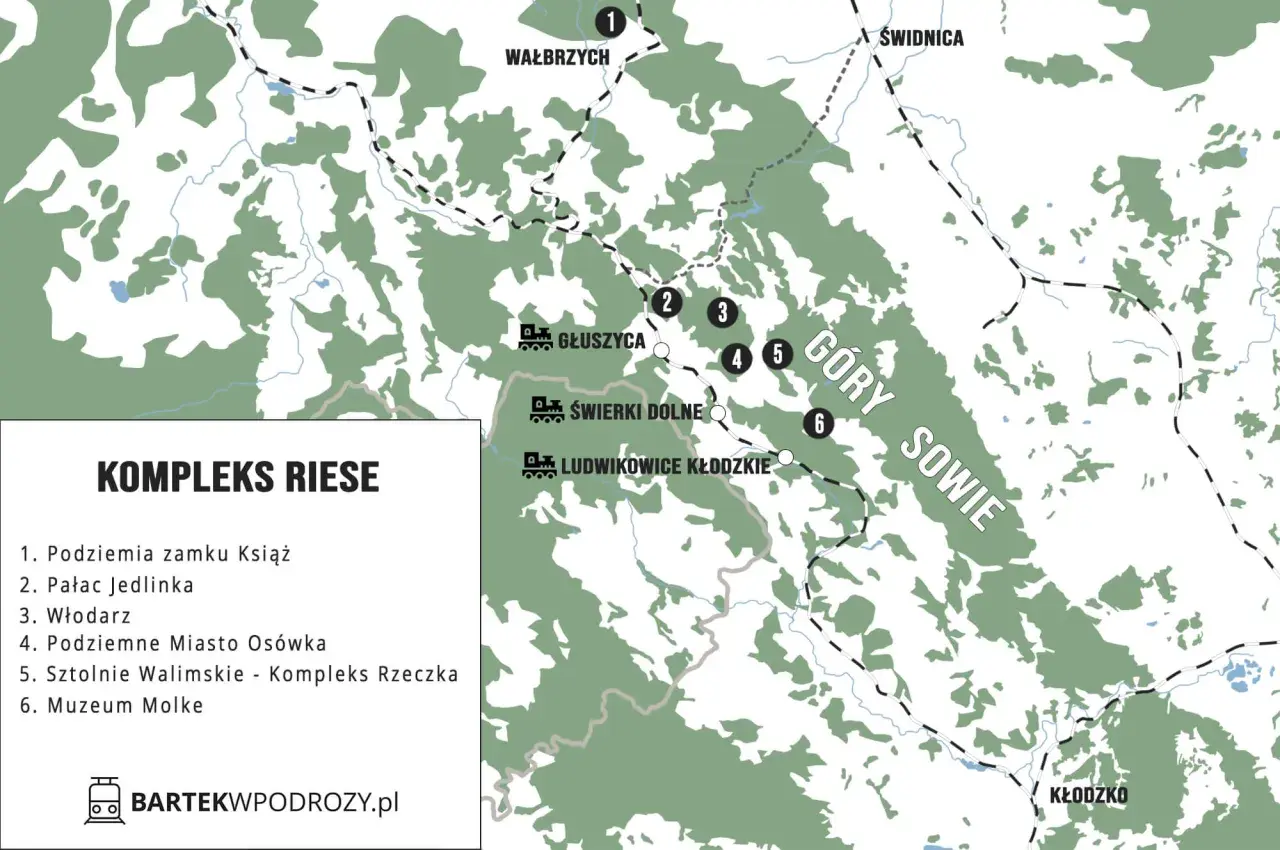 Mapa atrakcji Kompleksu Riese w Górach Sowich: Podziemia Książa, Pałac Jedlinka, Włodarz, Osówka, Sztolnie Walimskie, Muzeum Molke.